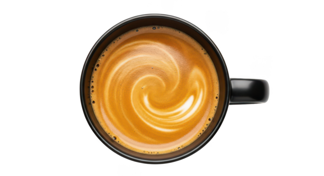 Top view of a creamy latte coffee with swirling foam isolated on transparent background