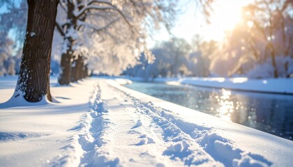 Obraz premium Winter Forest with Sunlit River Symbolizing Tranquility and Editorial Styling for Nature and Seasonal Use