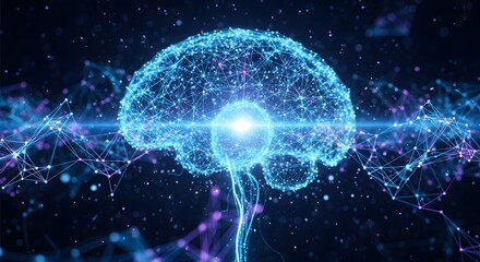Abstract futuristic brain with network connection points. Concept of artificial intelligence, machine learning, and human thought. Glowing blue neural network structure on a dark background