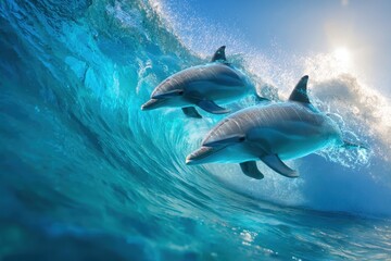 Naklejka premium Dolphins leaping gracefully through ocean waves during a sunny day in tropical waters showcasing their playful nature
