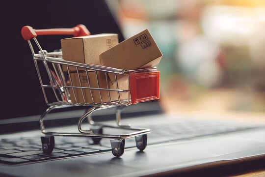 A miniature shopping cart filled with packages sits on a laptop keyboard.