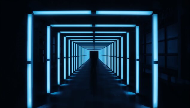 Futuristic corridor glowing lights blue tunnel symmetry dark background modern architecture perspective depth abstract illumination shadow path generative AI