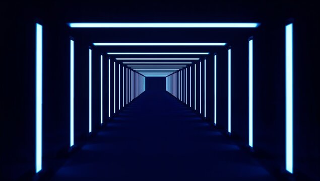 Futuristic corridor glowing lights blue tunnel symmetry dark background modern architecture perspective depth abstract illumination shadow path generative AI