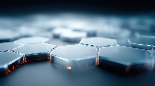 Intricate hexagonal mesh showcases futuristic metallic nanotechnology network pattern beautifully rendered.