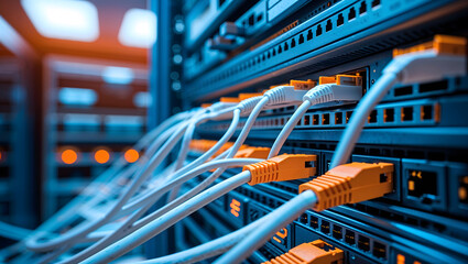 Server Rack Cables Network Ethernet Ports Switches Technology Data Center Equipment Connectivity High Angle Blue Orange Metal Infrastructure Generative AI