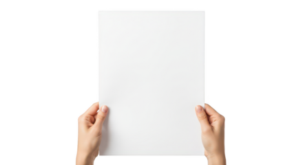 Hands holding a blank white paper sheet isolated on transparent background