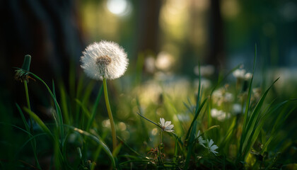 Macro Dandelion Seed Head in Green Grass with Soft Backlight and Bokeh, This image evokes feelings of wish, hope, growth, and tranquility, ideal for nature concepts and peaceful seasonal content.
