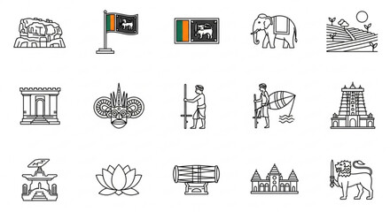 Sri Lanka Icon Sheet – Silhouette Style Black-and-White Vector Icons of Sri Lankan Landmarks and Symbols