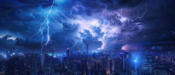 Intense Lightning Storm Over a Futuristic Cityscape at Night

