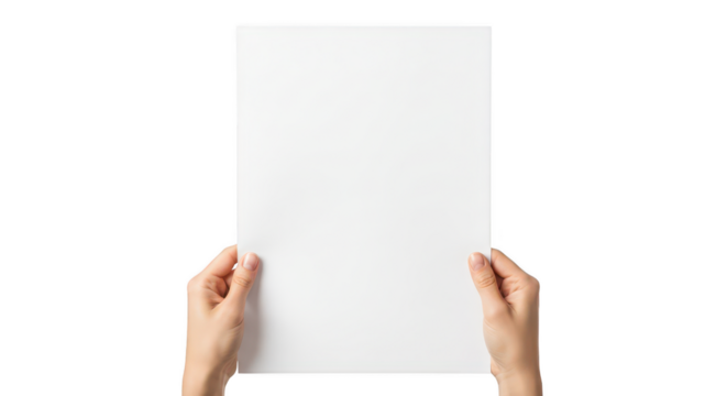 Hands holding a blank white paper sheet isolated on transparent background