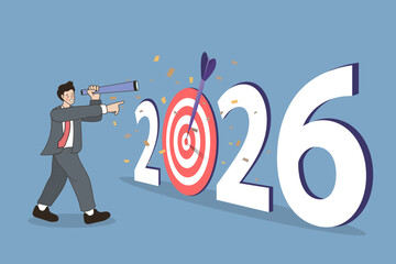 This 2026 business vision concept shows a successful businessman using a telescope for strategic planning. He forecasts the future, leading to a successful goal achievement for his company.