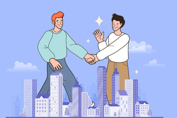 A successful corporate agreement is made in this B2B partnership concept. Two giant businessmen shake hands over a city, symbolizing a big business deal, a merger, or a strategic alliance.