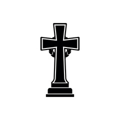 Christian Cross Gravestone Black Silhouette Icon.