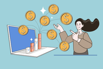 This online earning concept shows a happy woman receiving money and profit from her laptop. The financial growth bar chart illustrates a successful digital business or passive income.