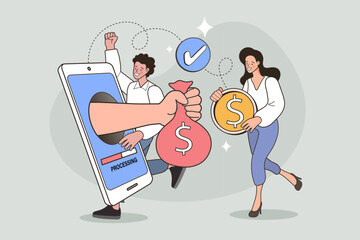 This financial concept illustrates a successful loan approval or money transfer. A happy woman receives a payout from a mobile app after the payment is processed.