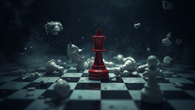 Chessboard King Red White Queen Pieces Fallen Scattered Dark Strategic Game Battle Conflict Checkmate Illustration Chaos Destruction Board Strategy Generative AI