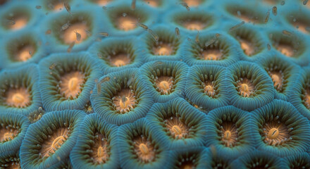 Fototapeta premium Highly detailed close-up of a hard coral colony surface, showing hexagonal polyp patterns and natural reef texture. Ideal for marine biology, conservation, and environmental education.