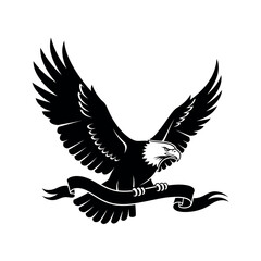 Majestic eagle soaring with banner in monochrome illustration.