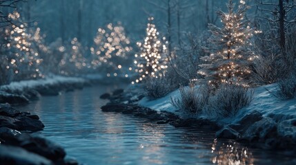 frozen riverbank with Christmas lights reflecting,