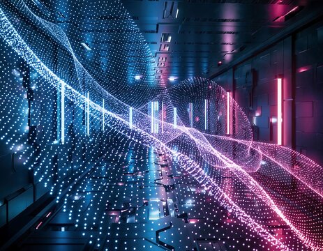 Digital Symphony of Light: An immersive visual journey through a futuristic space, where dynamic lines of light weave and dance, encapsulating the essence of innovation and technological advancement.