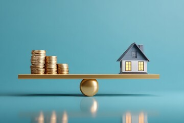 A house and stacks of coins are balanced on a scale.