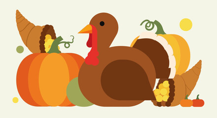 Geometric Stylized Turkey with Cornucopias and Pumpkins for Thanksgiving Holiday Celebration