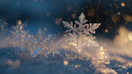 frozen snowflakes illuminated by sunlight,