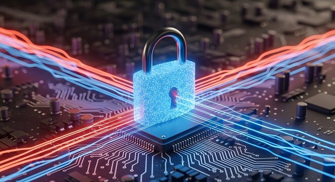 Digital cybersecurity and data network protection. Zero trust and encrypted connection concept. Glowing padlock on a microchip controlling red and blue data streams on a circuit board