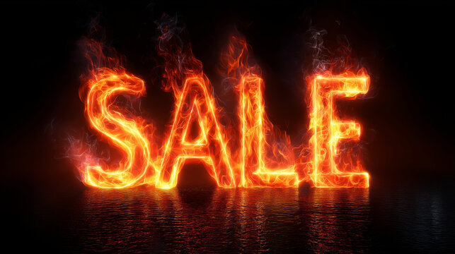 A fiery SALE word glowing against a dark background