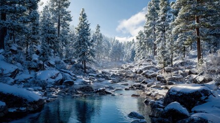 frozen river through snowy pine valley,