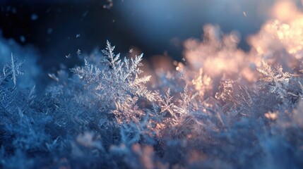 frozen snowflakes illuminated by sunlight,