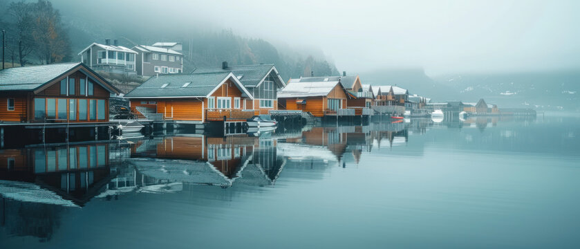 Picturesque Norway  Lake Village with Wooden Houses and Mountain Reflections