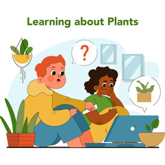 Children Learning About Plants On Laptop Surrounded By Greenery And Potted Plants With Question Marks Indicating Curiosity And Wonder
