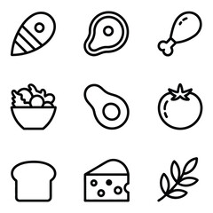Food Icons Set Meat Salad Avocado Bread Cheese Plant steak