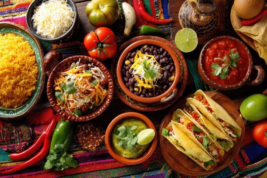 Colorful Mexican food spread featuring tacos, rice, beans, and fresh ingredients set against a textured background