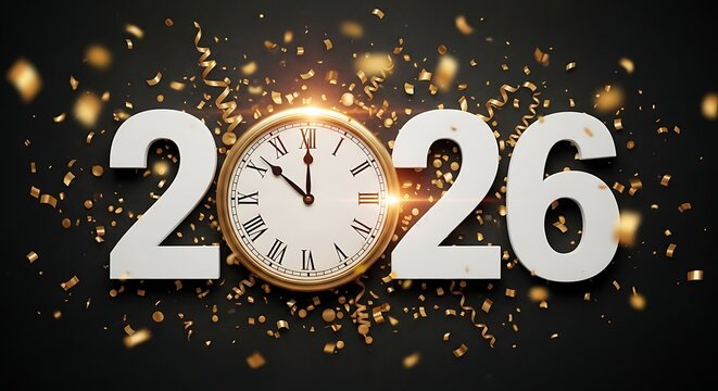 New year s eve celebration with the year 2026 displayed prominently with a vintage clock and falling confetti