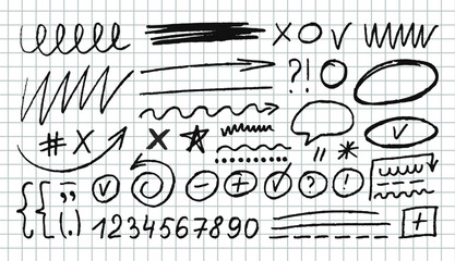 Big vector set of abstract doodles scribbles and squiggles. Various geometric shapes drawn with pencil and chalk: counting numbers, arrows, brackets, punctuation marks, stars.  