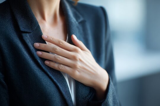 A kind businesswoman places her hand on her chest, expressing empathy and reassurance.