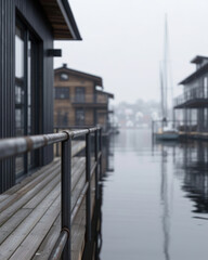 Fototapeta premium Foggy Norway Urban Waterfront with Walkway and Railings