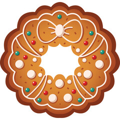 Christmas Gingerbread Cookie Wreath Decorated with White Icing Red and Green Sprinkles and a White Bow Centered on Transparent Background