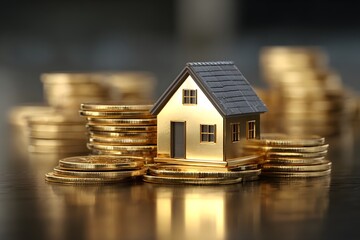 A golden house rests on stacks of shiny coins.