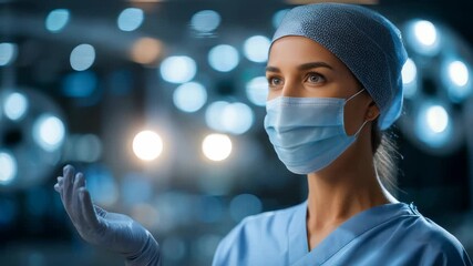 A young woman surgeon in blue scrubs and protective mask stands confidently in a high tech operating room. She is prepared for surgery, illuminated by advanced medical lighting equipment - Powered by Adobe
