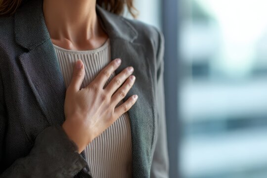 A kind businesswoman places her hand on her chest, expressing empathy and reassurance.