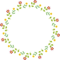 Circle Border Frame of Small Red and Yellow Flowers with Green Leaves on Transparent Background