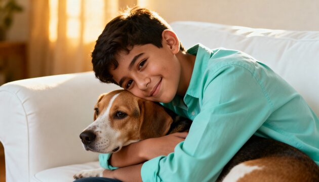 Affectionate boy smiling and hugging his pet beagle dog. Child and animal friendship on a couch in a sunlit living room. Concept of love and companionship - Powered by Adobe