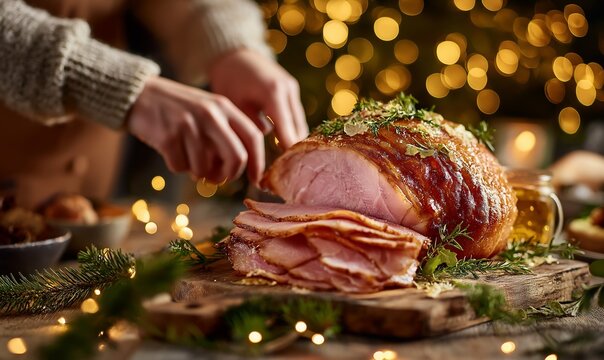 Slicing honey glazed ham at Christmas	