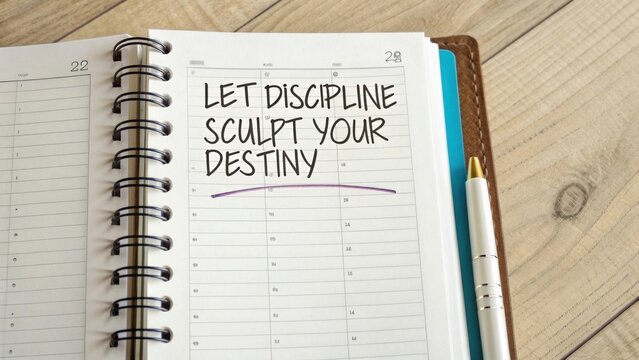 Open notebook with calendar page and motivational writing