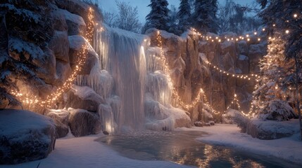 frozen waterfall with holiday lights,