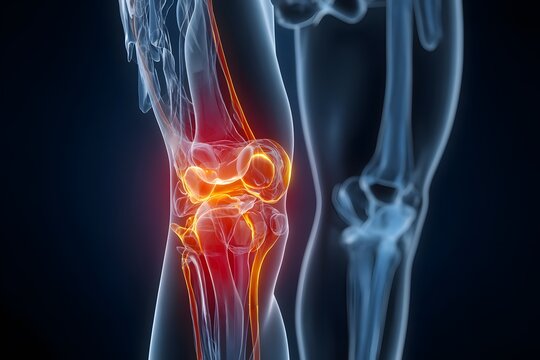 The knee joint glows with warmth and pain showing the inner bone structure.
