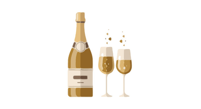 Elegant vector illustration of a golden sparkling wine bottle and two full glasses, a symbol of celebration, toasting, and special occasions